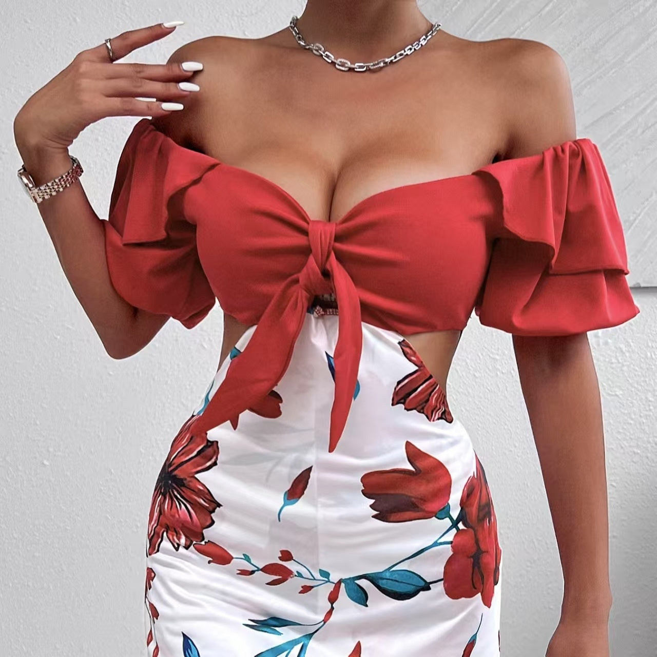 Casual Floral Shoulder Knot Hollow Jumpsuit