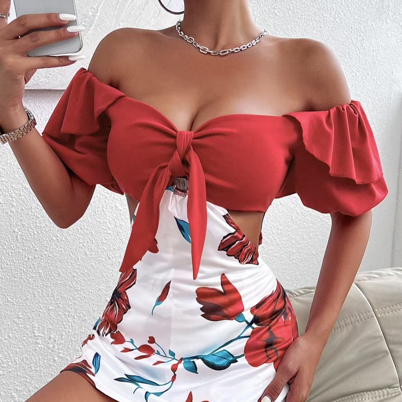 Casual Floral Shoulder Knot Hollow Jumpsuit