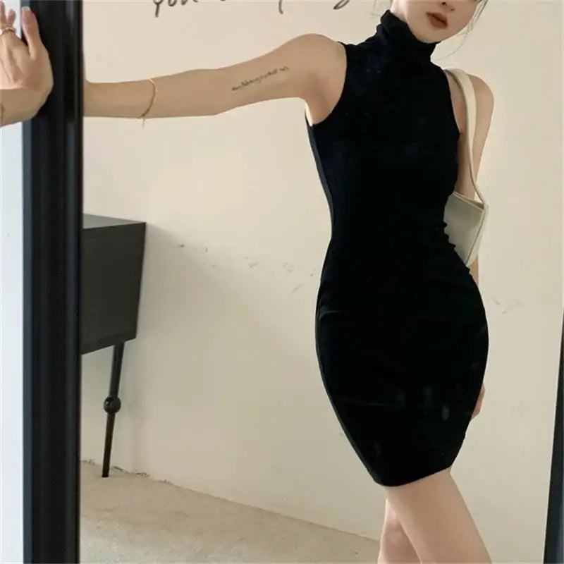 Women Bodycon Sexy High Neck Bottom Wrapped Hip Dress