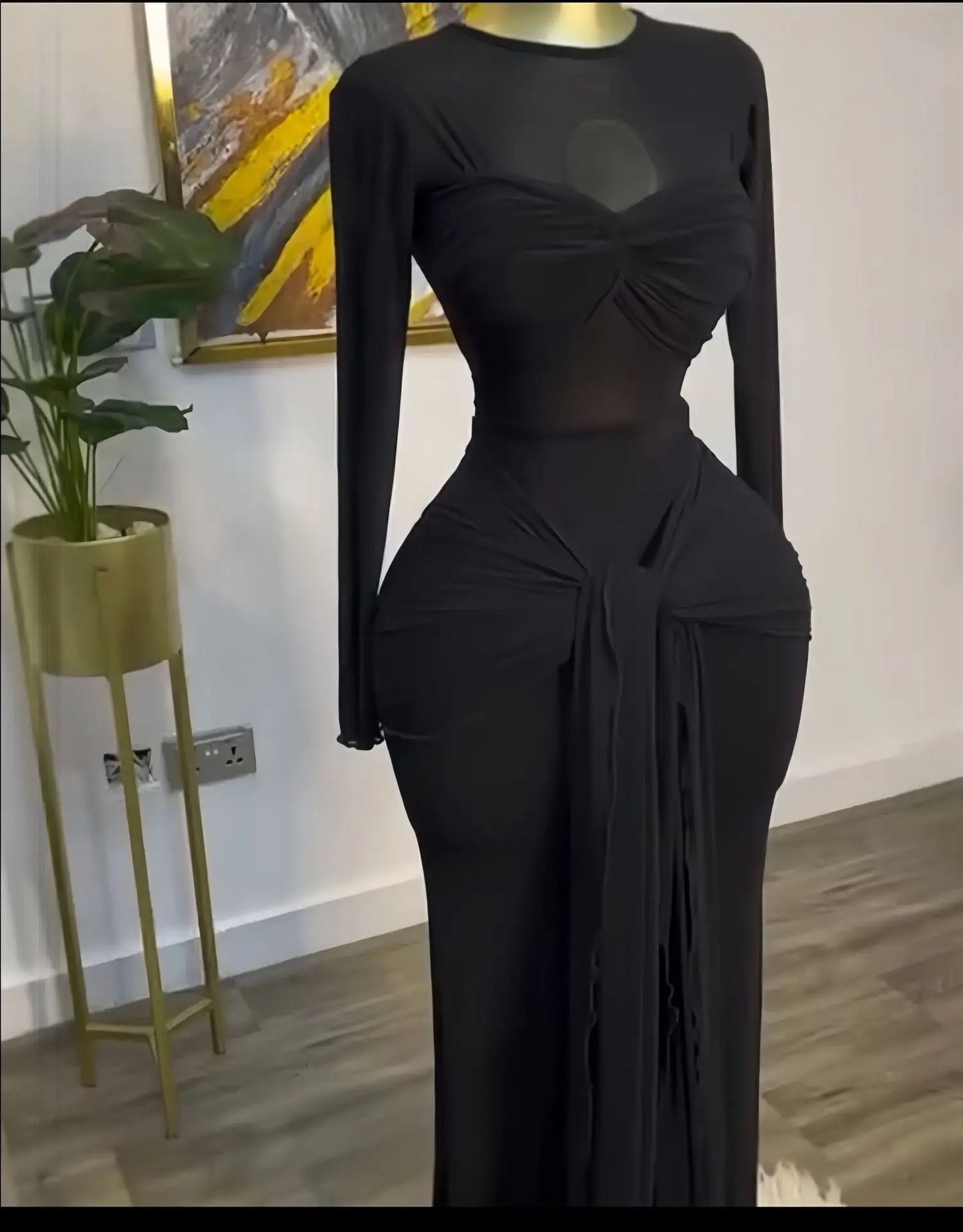 Women Mesh See Through Long Sleeve Maxi Dress