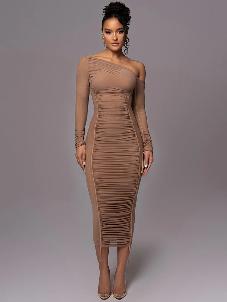 Mozision Diagonal Collar Long Sleeve Midi Dress