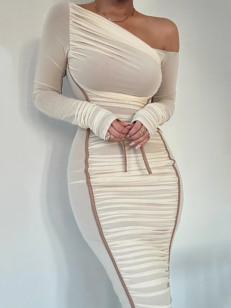 Mozision Diagonal Collar Long Sleeve Midi Dress