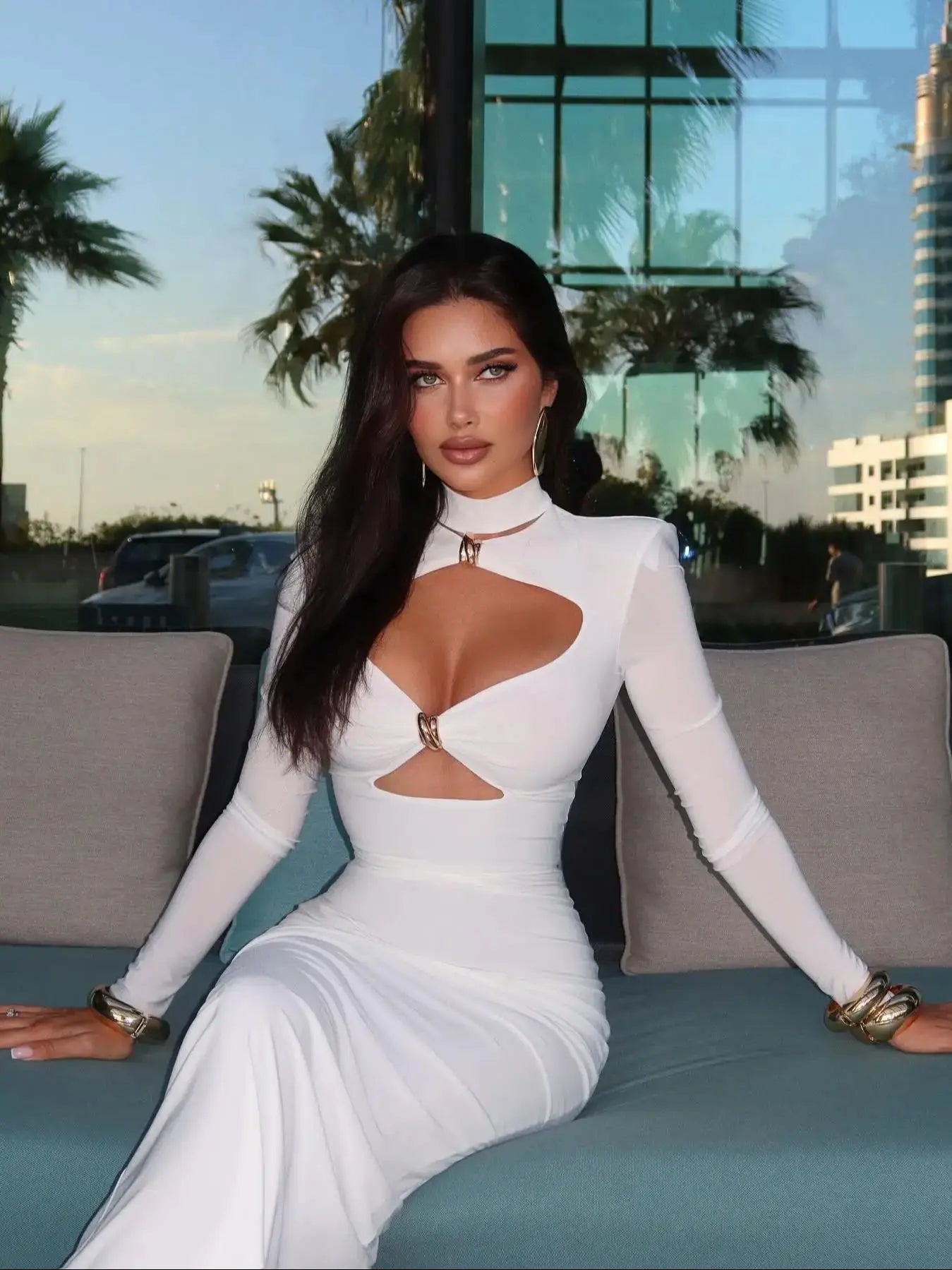 Women V Neck Long Sleeve Casual Dress