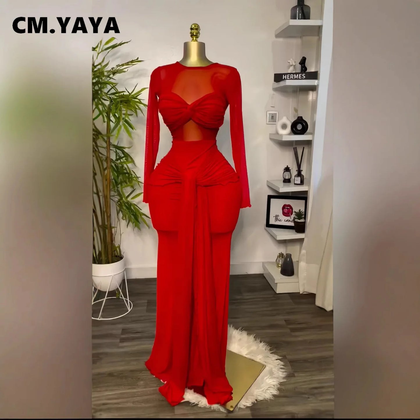 Women Mesh See Through Long Sleeve Maxi Dress
