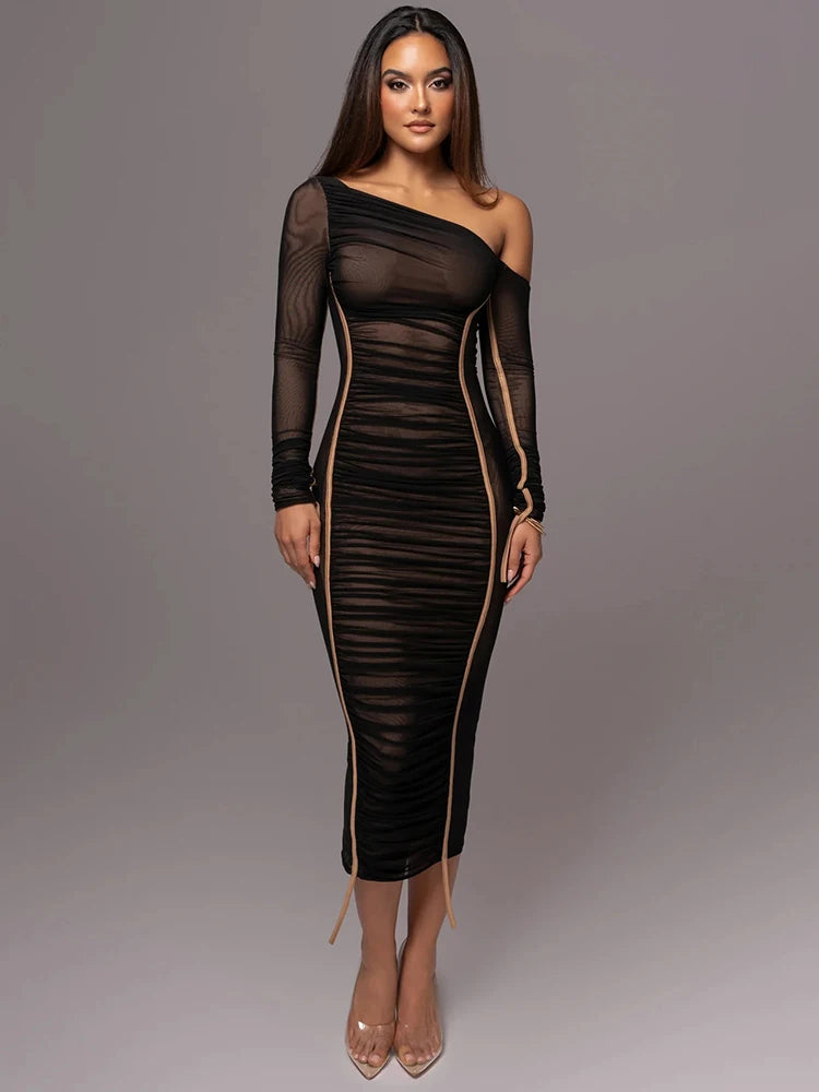 Mozision Diagonal Collar Long Sleeve Midi Dress