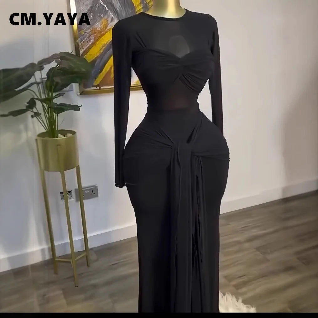Women Mesh See Through Long Sleeve Maxi Dress