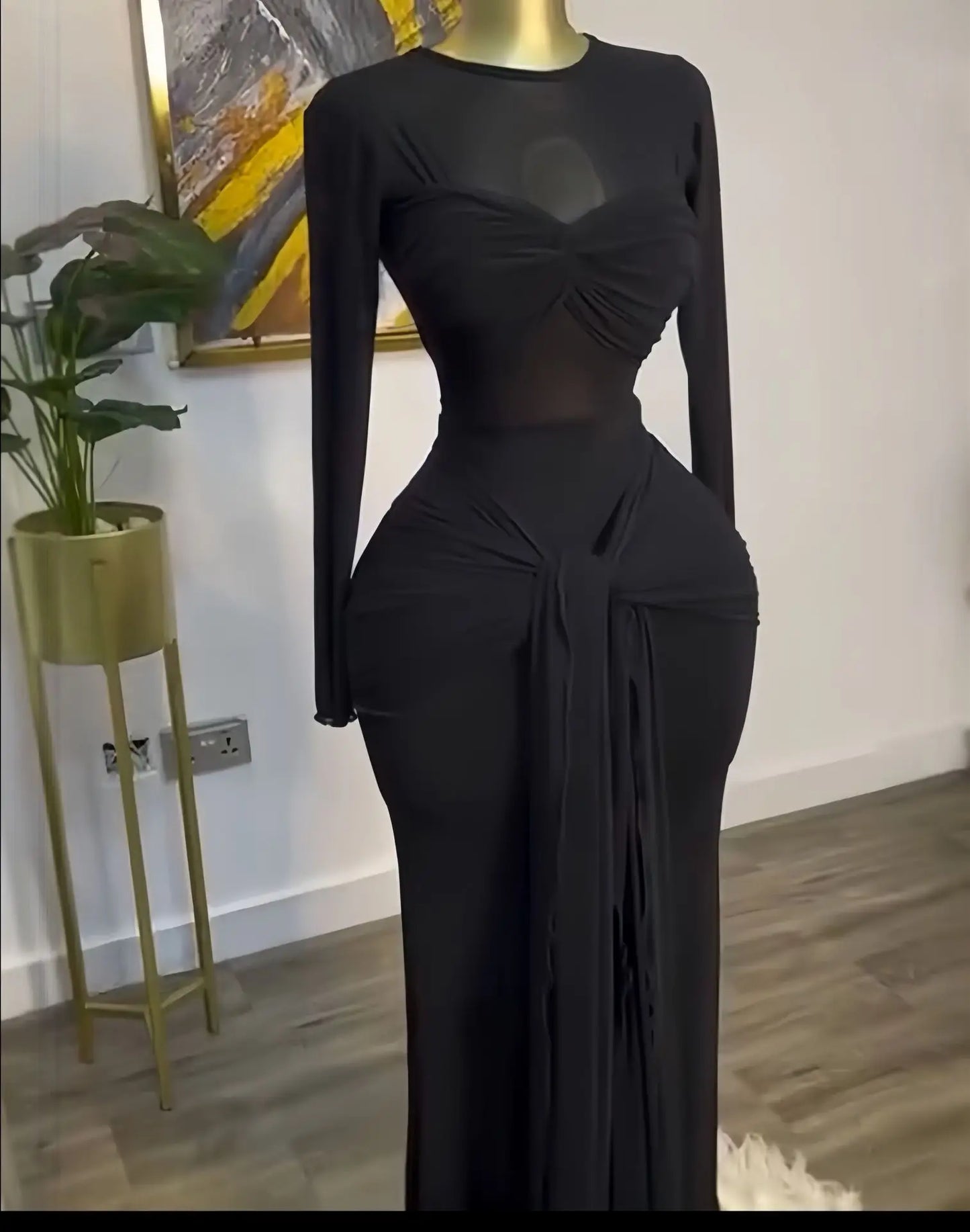 Women Mesh See Through Long Sleeve Maxi Dress