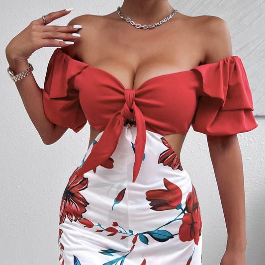 Casual Floral Shoulder Knot Hollow Jumpsuit