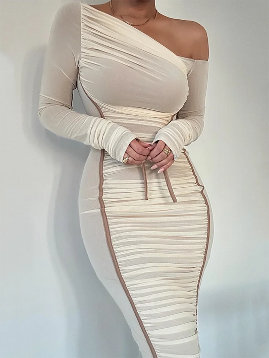 Mozision Diagonal Collar Long Sleeve Midi Dress