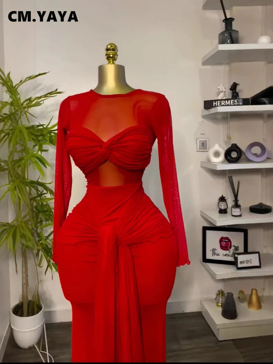 Women Mesh See Through Long Sleeve Maxi Dress