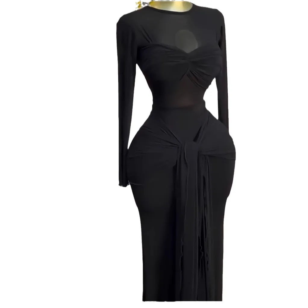 Women Mesh See Through Long Sleeve Maxi Dress